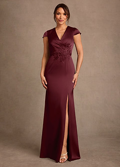 Azazie Rilda Mother of the Bride Dresses Cabernet Sheath Lace Stretch Satin Dress image1