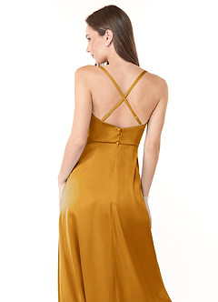 Azazie Naomie Abiti da Damigella Abito A-Line in Raso Elasticizzato con Scollo a Cappuccio e Spacco Laterale Caramello image3