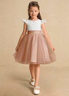 Azazie Vetty Flower Girl Dresses Ivory Champagne Rose A-Line Lace Tulle Dress image6