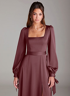 Azazie Leonia Robes de demoiselle d'honneur Robe Trapèze en Satin extensible Manche longue Sangria image6