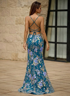 Lacy Peacock Blue Glitter Tulle Prom Dress image2