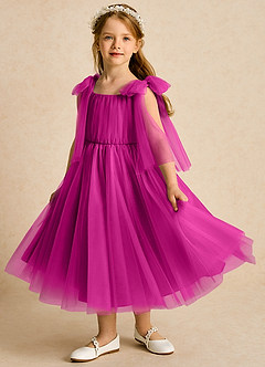 Azazie Dori Robe Demoiselle D'honneur Fillette Robe Trapèze en Tulle Rayé Fuchsia image5