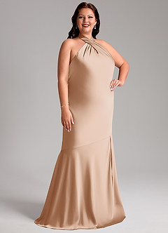 Azazie Lorena Robes de demoiselle d'honneur Robe Sirène en Satin extensible Plissée Rose Perle image4