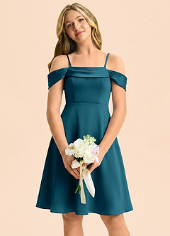 Azazie Anselie Junior Ink Blue A-Line Off the Shoulder Stretch Satin Dress image3