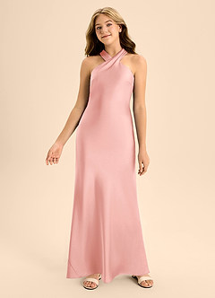 Azazie Doretta Junior Powder Pink A-Line Pleated Stretch Satin Dress image4