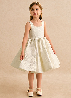 Azazie Honeybun Blumenmädchenkleider A-Linie Schleifen Blumen-Jacquard Kleid Antikweiß image3