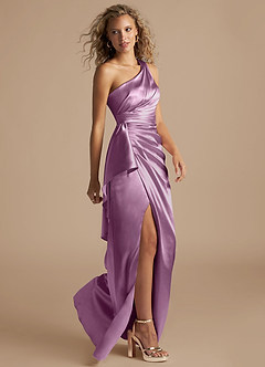 Azazie Maive Bridesmaid Dresses Wisteria Sheath Ruched Metallic Satin Dress image5