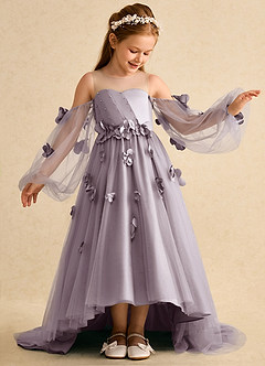 Azazie Karrie Robe Demoiselle D'honneur Fillette Robe Trapèze en Tulle avec manches Crépuscule image4