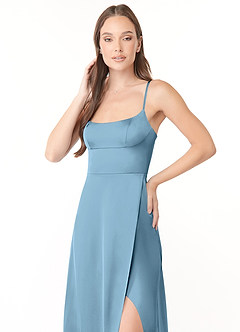 Azazie Halsey Bridesmaid Dresses Steel Blue Sheath Side Slit Stretch Satin Dress image6