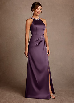 Azazie Lawrence vestidos de madre de la novia Vestido de Ciruela de Satén Elástico de Corte en A con Plisado image4