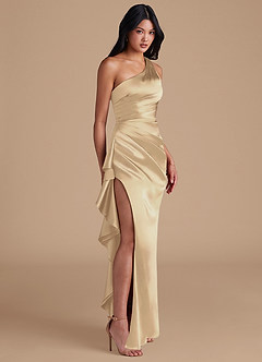 Azazie Latrice Bridesmaid Dresses Champagne Sheath One Shoulder Metallic Satin Dress image1
