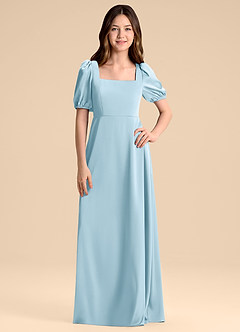 Azazie Briar Junior Vestido de Azul Cielo de Satén Elástico de Corte en A con Lazo image3