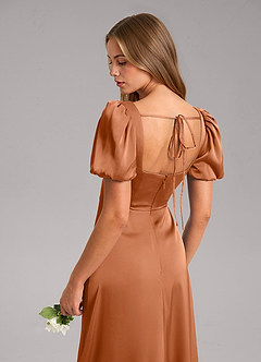 Azazie Fyona Bridesmaid Dresses Copper A-Line Pleated Stretch Satin Dress image7