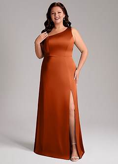 Azazie Phaedra Vestidos de damas de honor Vestido de Naranja Quemada de Satén Elástico de Corte en A con Hombro unilateral image8