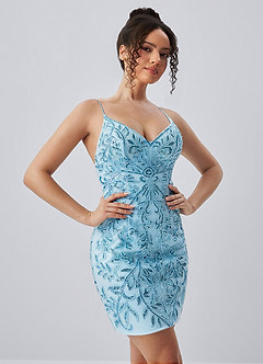 Liliane Sky Blue Spaghetti Strap Sequin Leaf Lace-Up Mini Dress image7
