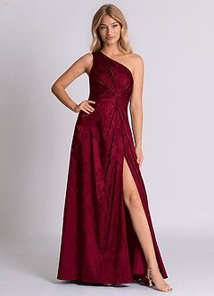 Azazie Brooke 신부 들러리 드레스 A라인 한쪽 어깨 자카드 바닥 길이 드레스 image3