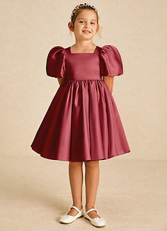 Azazie Muffin Flower Girl Dresses Pomegranate A-Line with Sleeves Matte Satin Dress image2