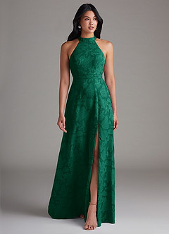 Azazie Clarice Bridesmaid Dresses Emerald A-Line Side Slit Floral Burnout Dress image1