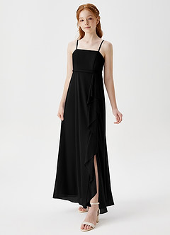 Azazie Kaylee Junior Black A-Line with Belt Mesh Dress image3