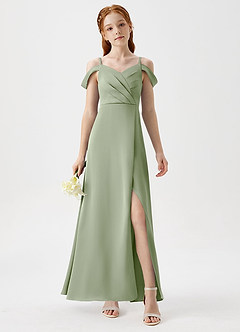 Azazie Ocean Junior Dusty Sage A-Line Off the Shoulder Stretch Satin Dress image4