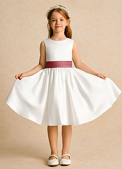 Azazie Sosie Flower Girl Dresses Ivory Antique Rose A-Line Pleated Matte Satin Dress image2