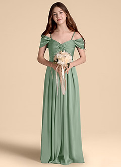 Azazie Kaitlynn Junior Abito A-Line in Raso Elasticizzato a Spalla Scoperta Matcha image4