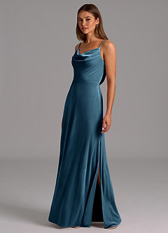 Azazie Olaine Bridesmaid Dresses Blue Topaz A-Line Pleated Velvet Dress image4