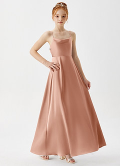 Azazie Shale Junior Rose Gold A-Line Stretch Satin Dress image4