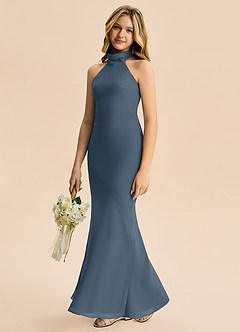 Azazie Velli Junior Meerjungfrau-Linie Hoher Kragen Chiffon Kleid Neptunblau image4
