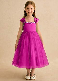 Azazie Yosemite Robe Demoiselle D'honneur Fillette Robe Princesse en Tulle Encolure en Forme de Cœur Fuchsia image3