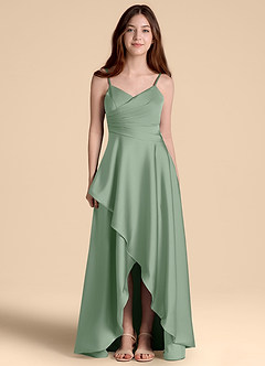 Azazie Prisha Junior Abito A-Line in Raso Elasticizzato Plissettato Matcha image5