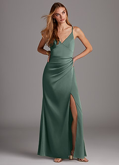 Azazie Shania Bridesmaid Dresses Sea Moss Sheath V-Neck Pleated Stretch Satin Dress image3