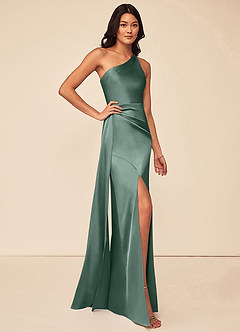 Azazie Maron Bridesmaid Dresses Eucalyptus A-Line One Shoulder Stretch Satin Dress image3