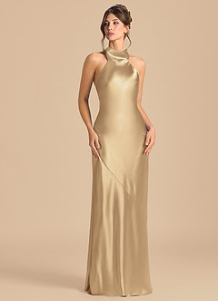 Azazie Velli 신부 들러리 드레스 쉬스 하이넥 메탈릭 새틴 바닥 길이 드레스 image2