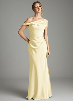 Azazie Emerson Bridesmaid Dresses Lemon Sorbet Mermaid Off the Shoulder Stretch Satin Dress image1