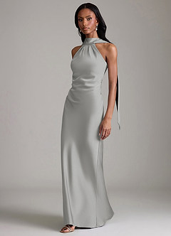 Azazie Cassiana Jurken voor bruidsmeisjes Jurk van Stretch Satijn met Zeemeermin Geplooid Zilver image5