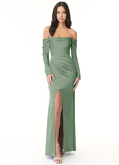 Azazie Hallie Bridesmaid Dresses Matcha Sheath Off-The-Shoulder Long Sleeve Stretch Satin Convertible Dress image3