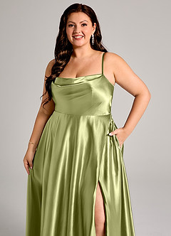 Azazie Elle Vestidos de damas de honor Vestido de Pistacho de Satén Metálico de Corte en A con Con bolsillos image12