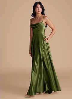 Azazie Elle Bridesmaid Dresses Olive A-Line with Pockets Metallic Satin Dress image6