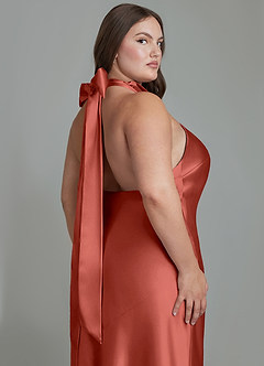 Azazie Velli Bridesmaid Dresses Terracotta Sheath High Neck Metallic Satin Dress image14