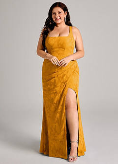 Azazie Mero Brautjungfernkleider Etui Plissee Blumen-Burnout Kleid Butterscotch image9