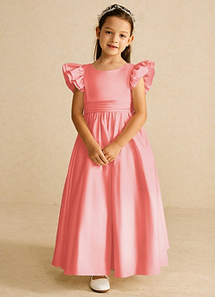 Azazie Piglette Flower Girl Dresses Coral A-Line Bow Matte Satin Dress image4