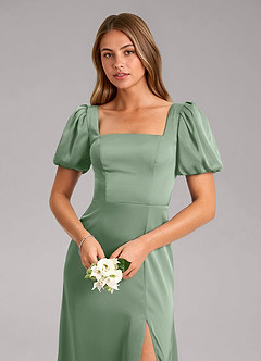 Azazie Fyona Brautjungfernkleider A-Linie Plissee Stretch-Satin Kleid Matcha image6