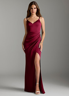 Azazie Leo Bridesmaid Dresses Burgundy Sheath Pleated Stretch Satin Dress image1