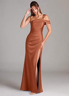 Azazie Wynter Bridesmaid Dresses Cedar Rose Sheath Off the Shoulder Stretch Satin Dress image3