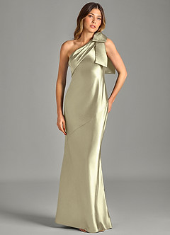 Azazie Yuanna Bridesmaid Dresses Moss Green Mermaid One Shoulder Metallic Satin Dress image4