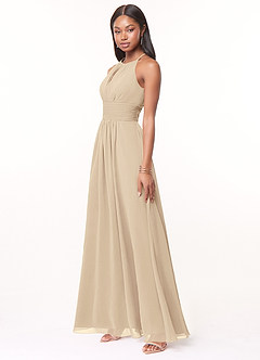 Azazie Bonnie Bridesmaid Dresses Champagne A-Line Keyhole Ruched Chiffon Dress image3