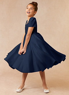 Azazie Anirra Flower Girl Dresses Dark Navy Ball-Gown Pleated Matte Satin Dress image2