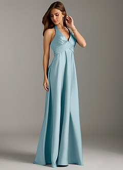 Azazie Tessie Robes de demoiselle d'honneur Robe Trapèze en Satin extensible Plissée Bleu Maussade image4