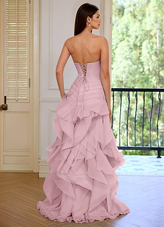 Aurelia Rosa A-Linien-Abendkleid mit floralem Herzausschnitt, Rüschen und asymmetrischem Schnitt image2